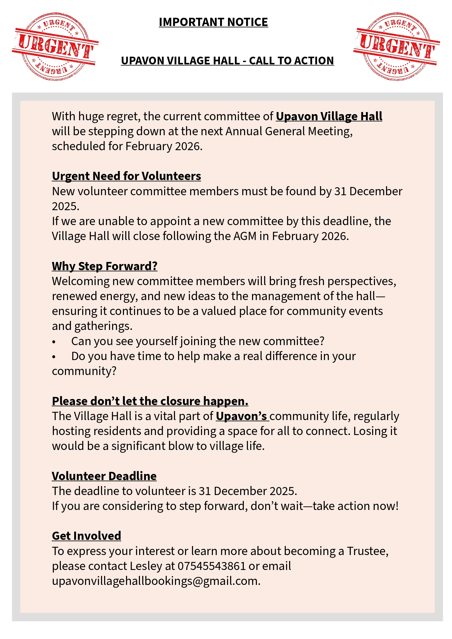 Village Hall Important Notice